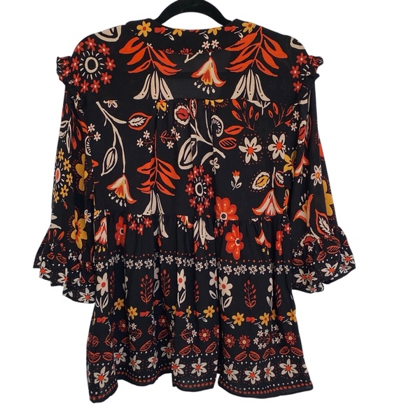 Easel Black Floral Boho Blouse Womens Size Small Ruffle Rayon Tie Tunic Top Fall - Picture 2 of 10